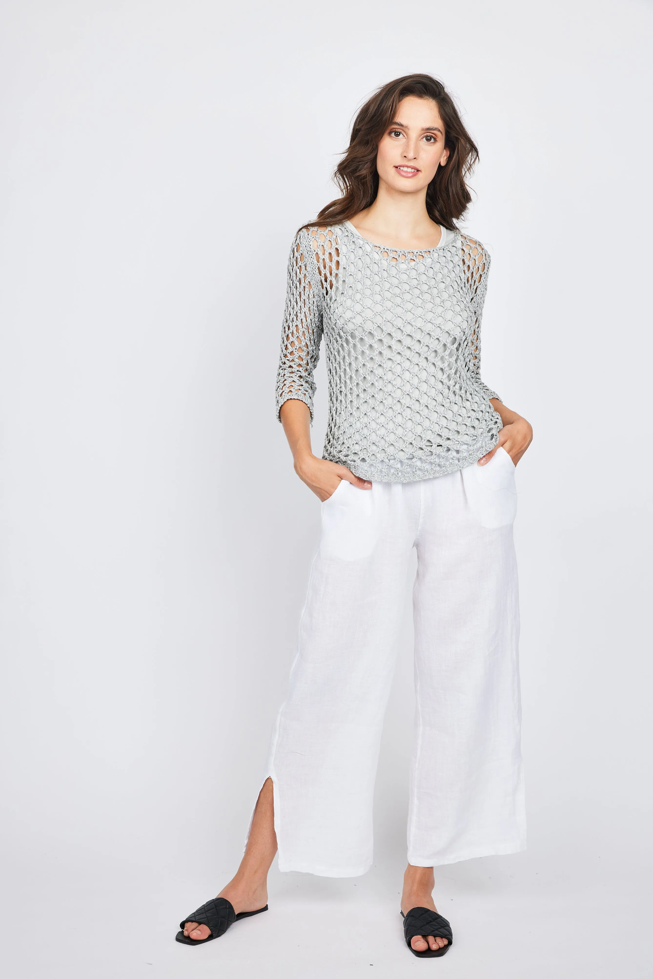 Pistache Linen Lounge Pant with Side Slits - White