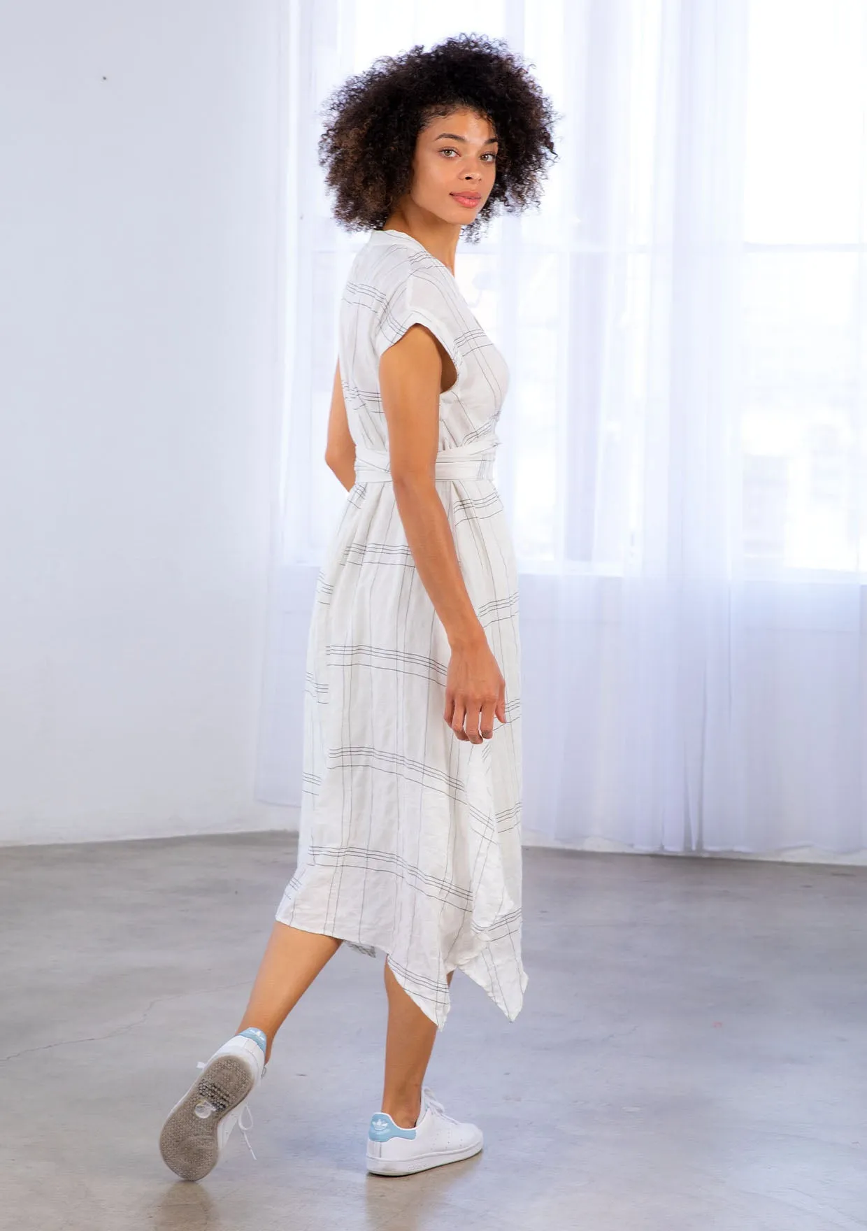 Plaid Wrap Tie Handkerchief Midi Dress