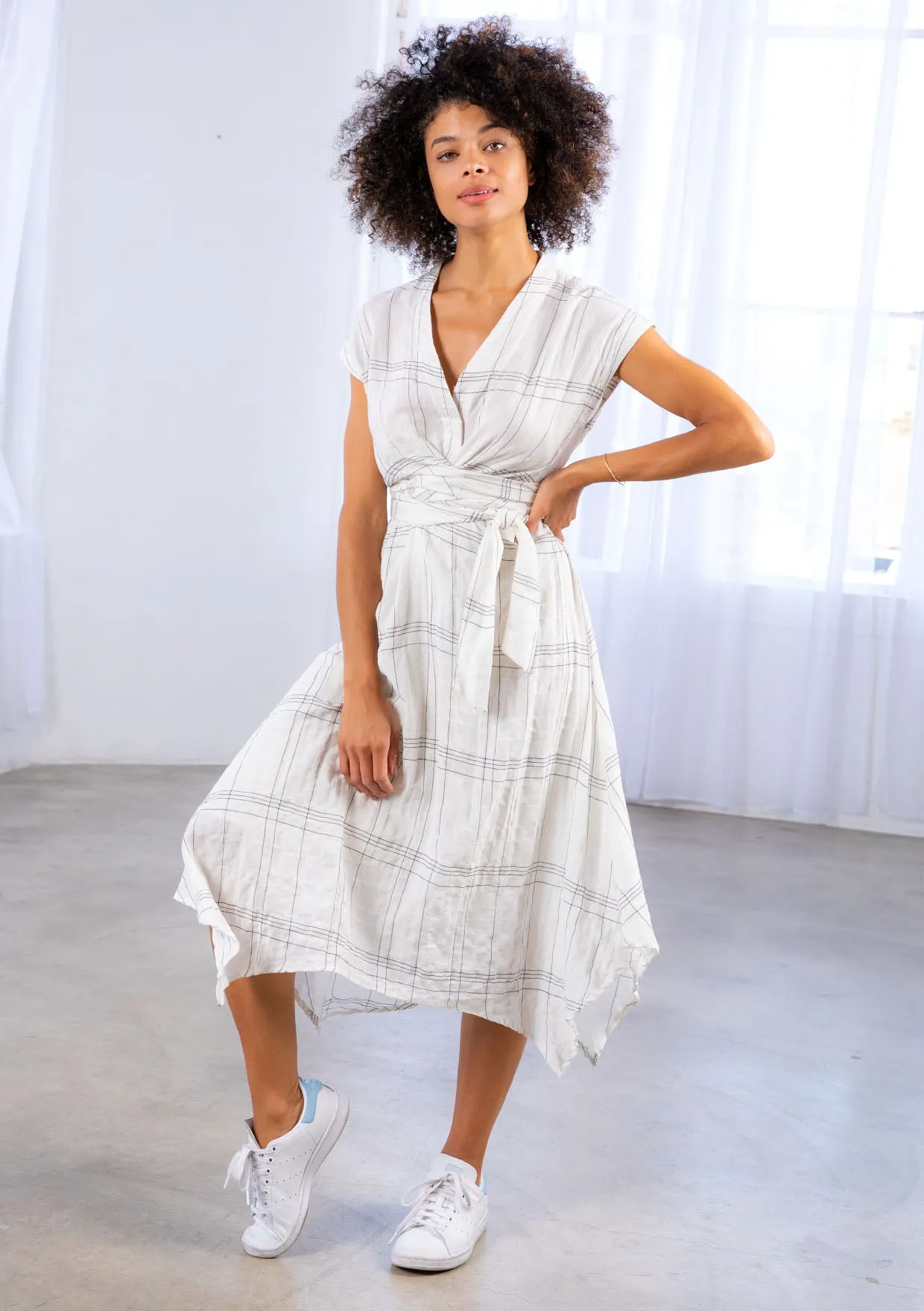 Plaid Wrap Tie Handkerchief Midi Dress