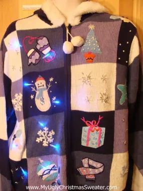 Purple Checkered Light Up Sweater Hoodie with Snowmen
