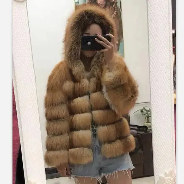 QURLMAE Reversible Natural Real Fox Fur Coat
