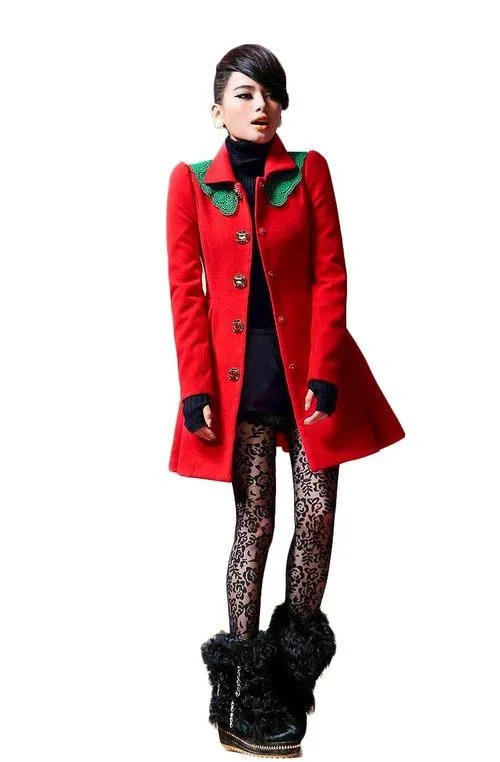 Red lace collar fall winter long high fashion coat jacket- Kenjiio