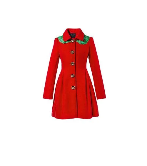 Red lace collar fall winter long high fashion coat jacket- Kenjiio