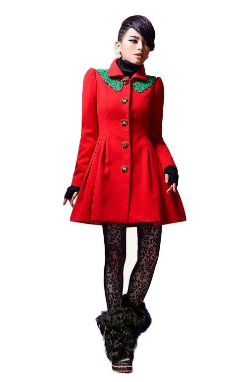Red lace collar fall winter long high fashion coat jacket- Kenjiio