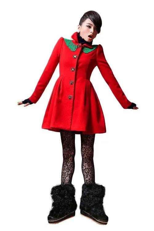 Red lace collar fall winter long high fashion coat jacket- Kenjiio