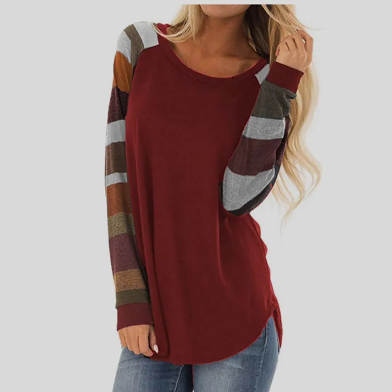 Round Neck Contrast Stitching Long Sleeve T-Shirt