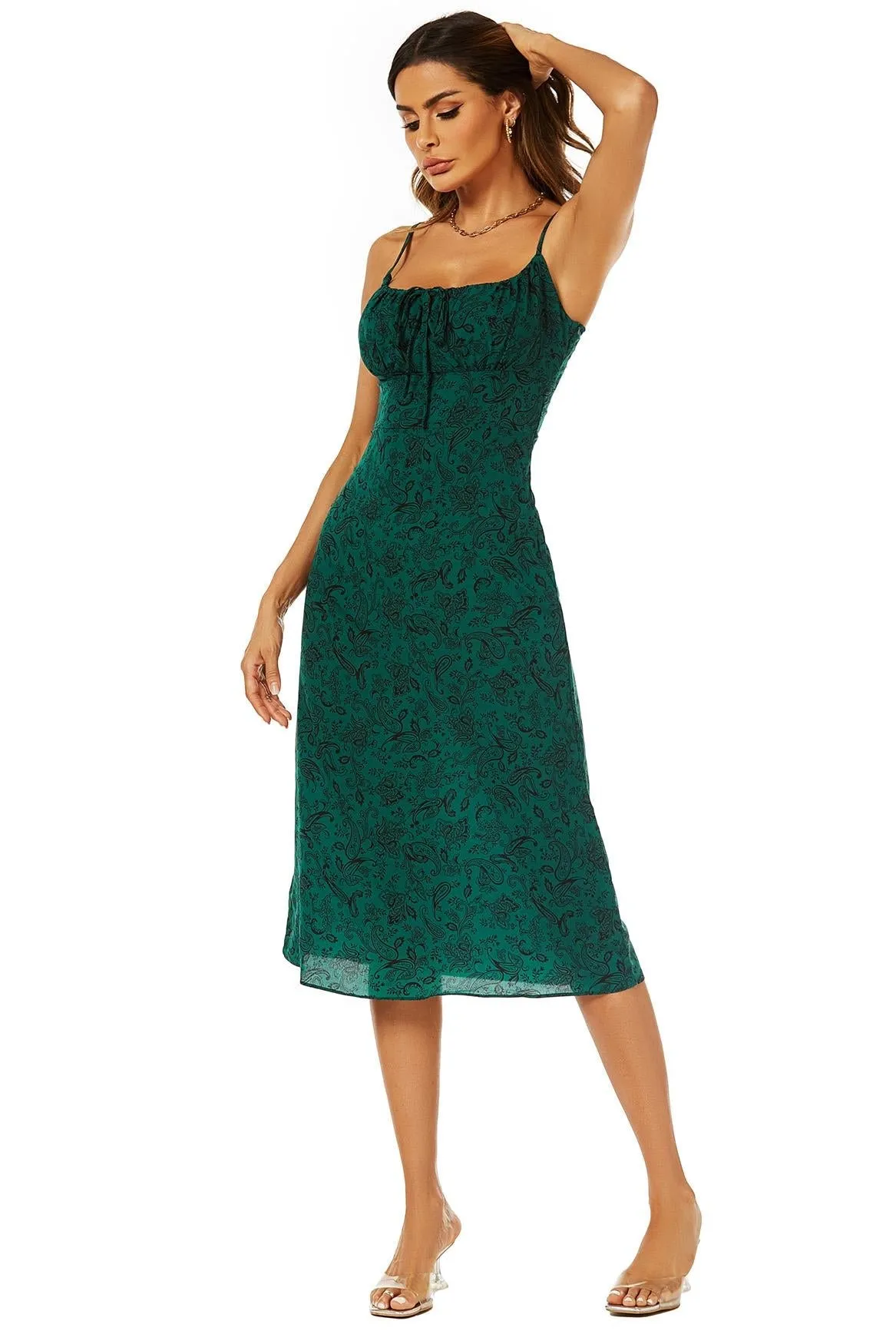 Scoop Neckline Strappy Midi Dress With Keyhole In Green