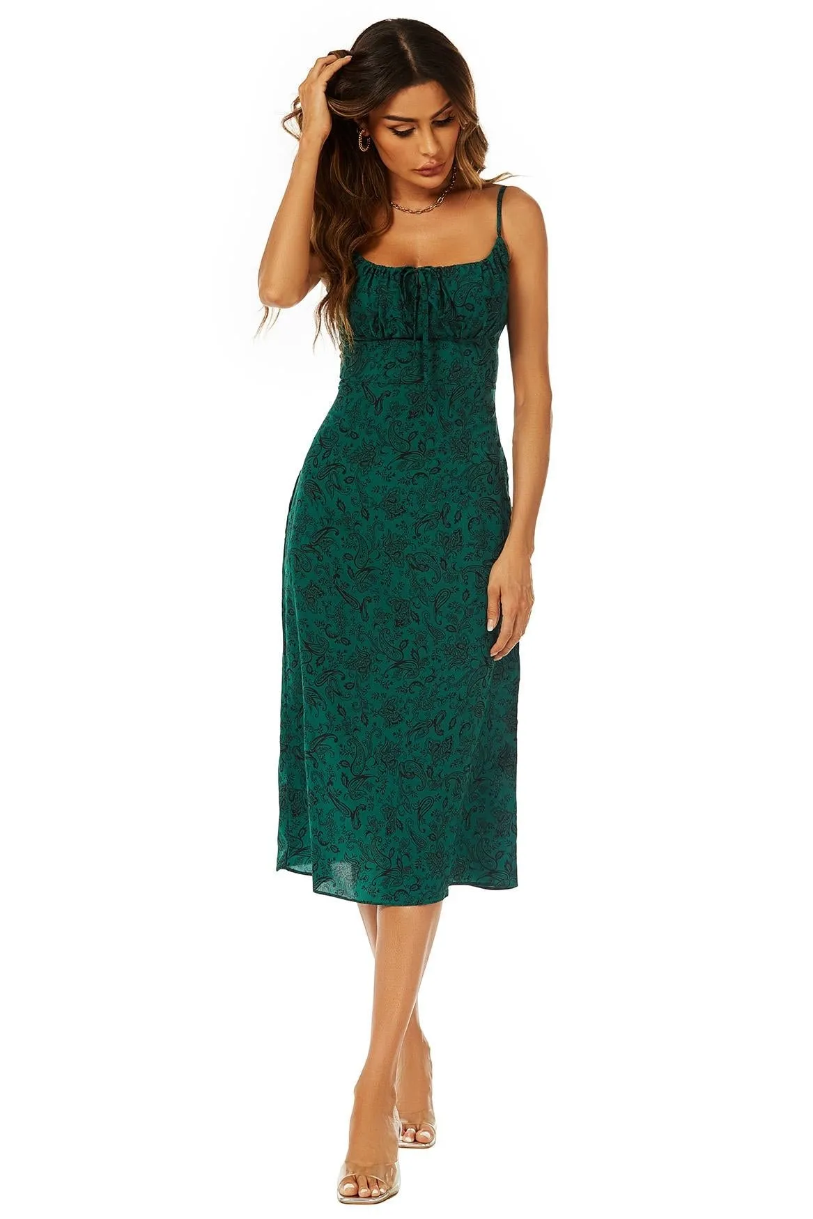 Scoop Neckline Strappy Midi Dress With Keyhole In Green