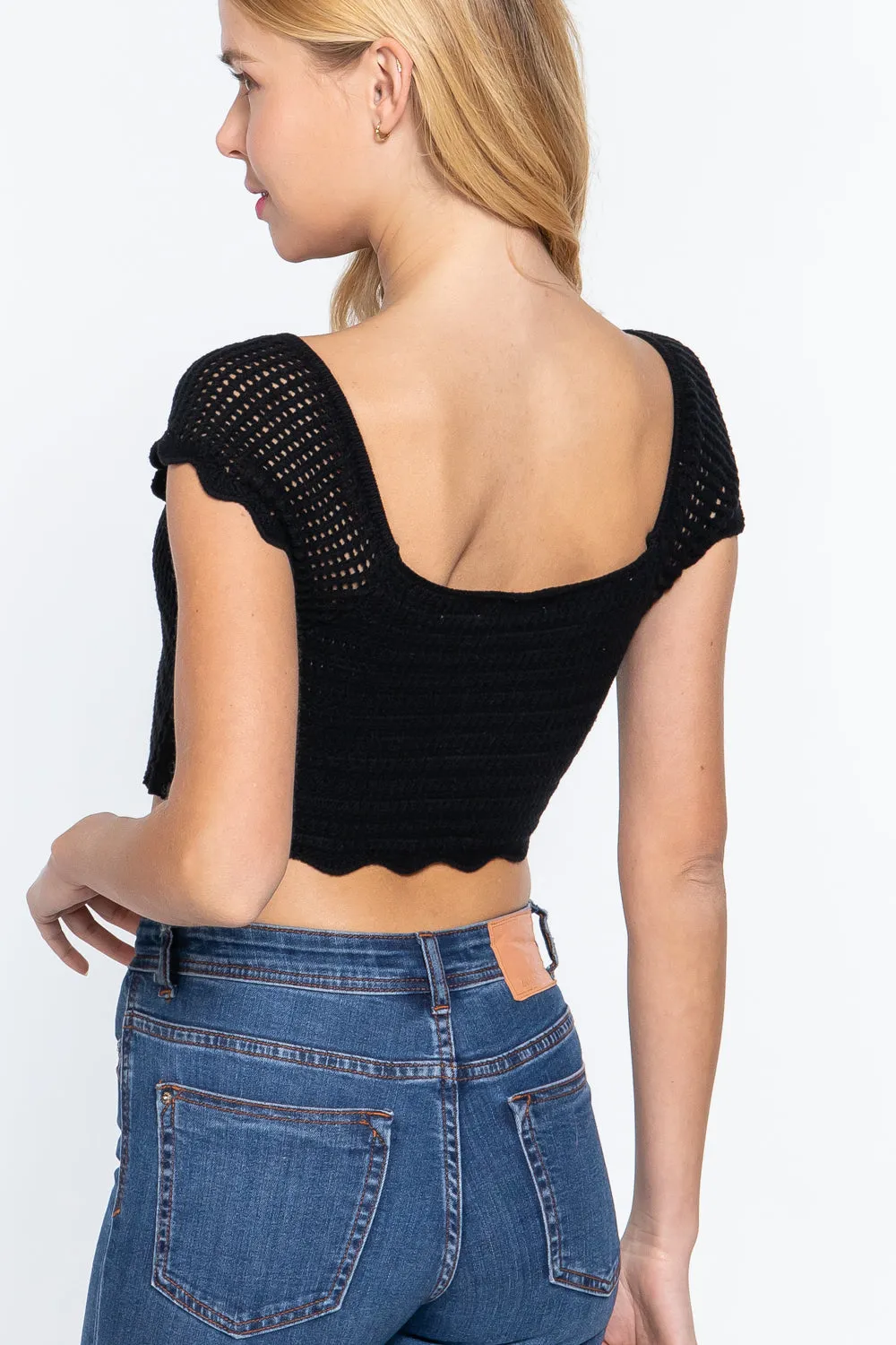 Short Sleeve V-neck Front Knot Detail Sweater Knit Black Crop Top