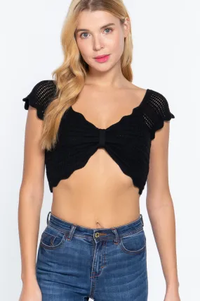 Short Sleeve V-neck Front Knot Detail Sweater Knit Black Crop Top