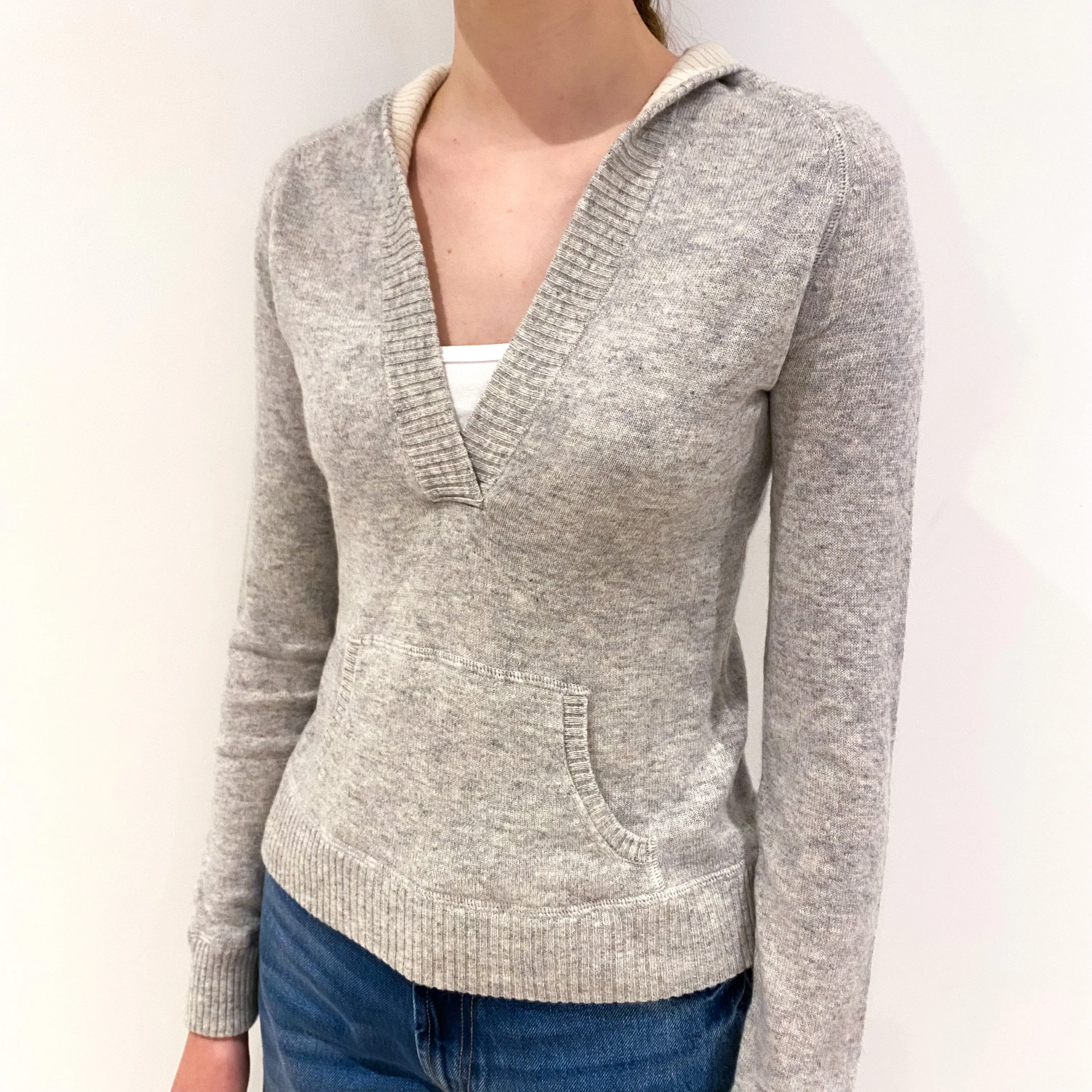 Smoke Grey Cashmere V-Neck Hooded Jumper Extra Small