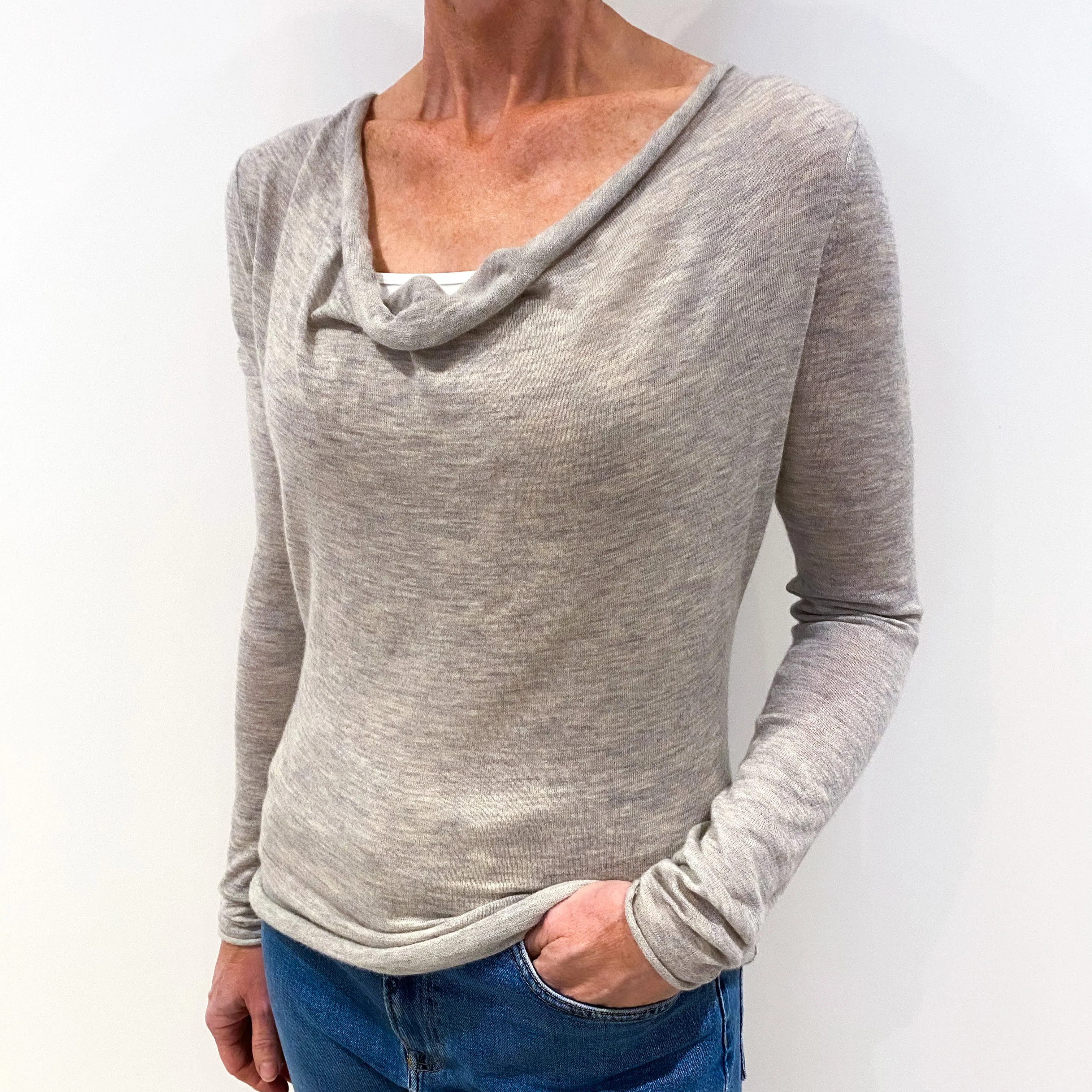 Smoke Grey Fine Knit Cashmere Cowl Neck Jumper Small