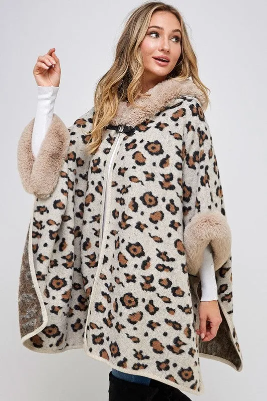 Soft Faux Fur Leopard Knit Cape Coat with Hoodie