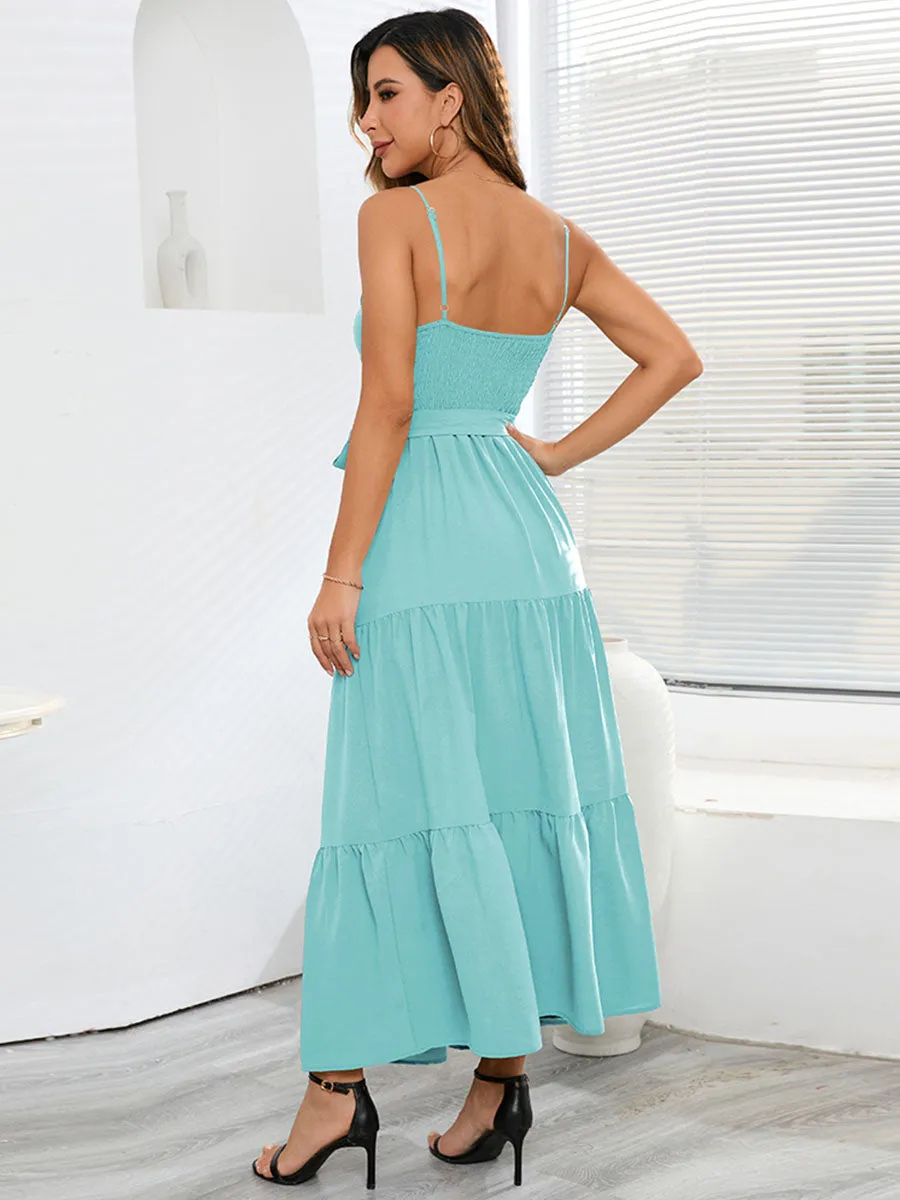 Solid Color Strap V Neck Cut Out Pleated Maxi Boho Dress