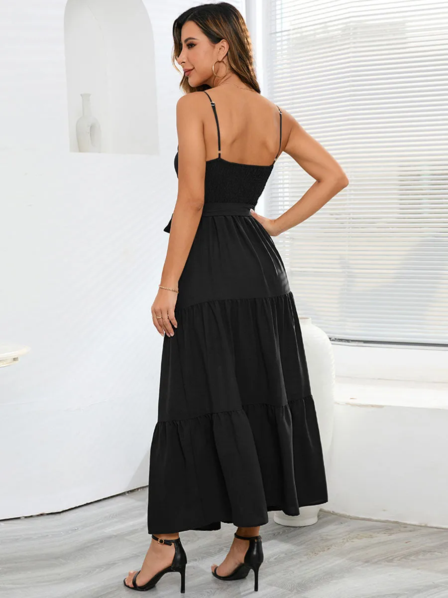 Solid Color Strap V Neck Cut Out Pleated Maxi Boho Dress