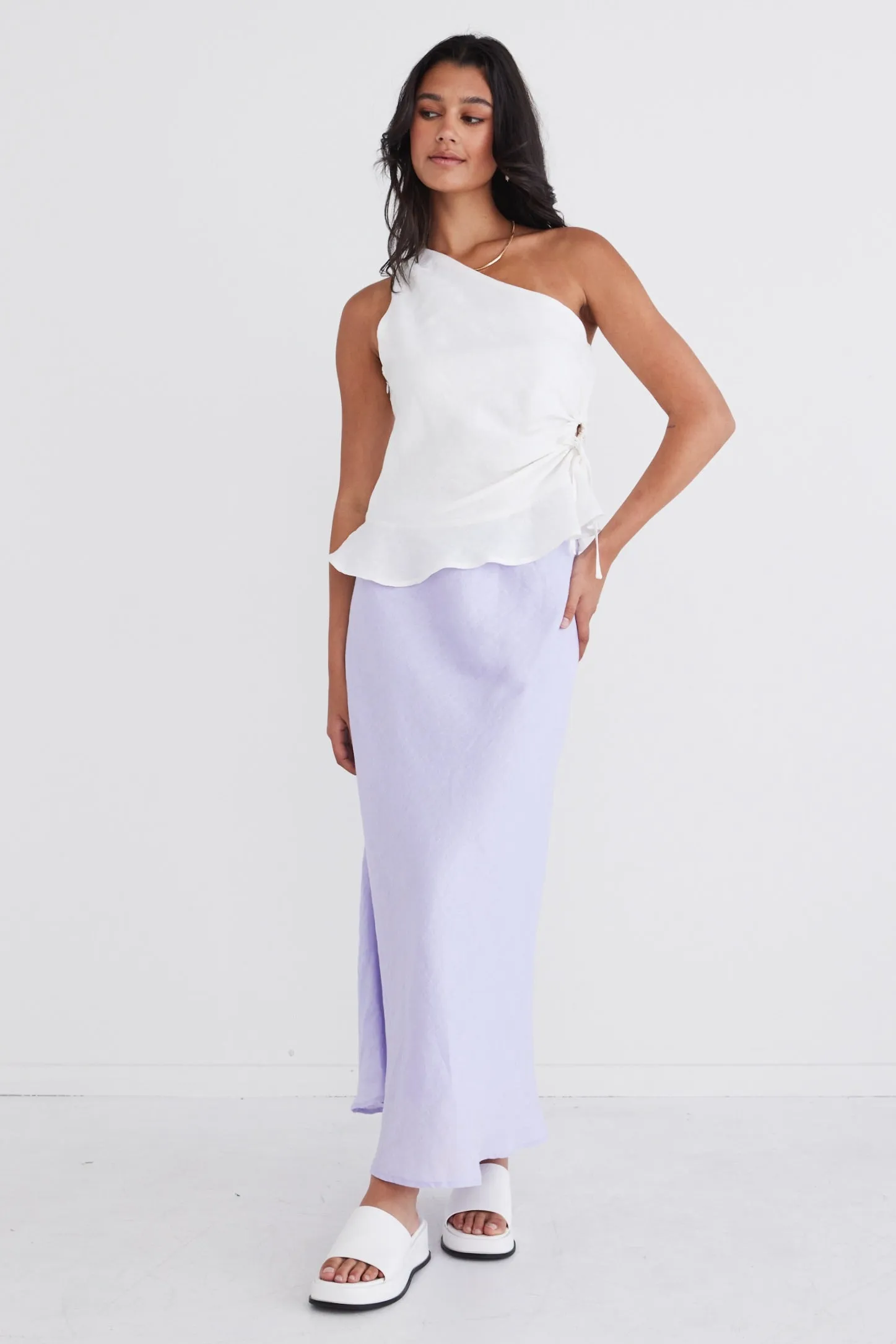 Soulmate Lilac Linen Bias Midi Skirt