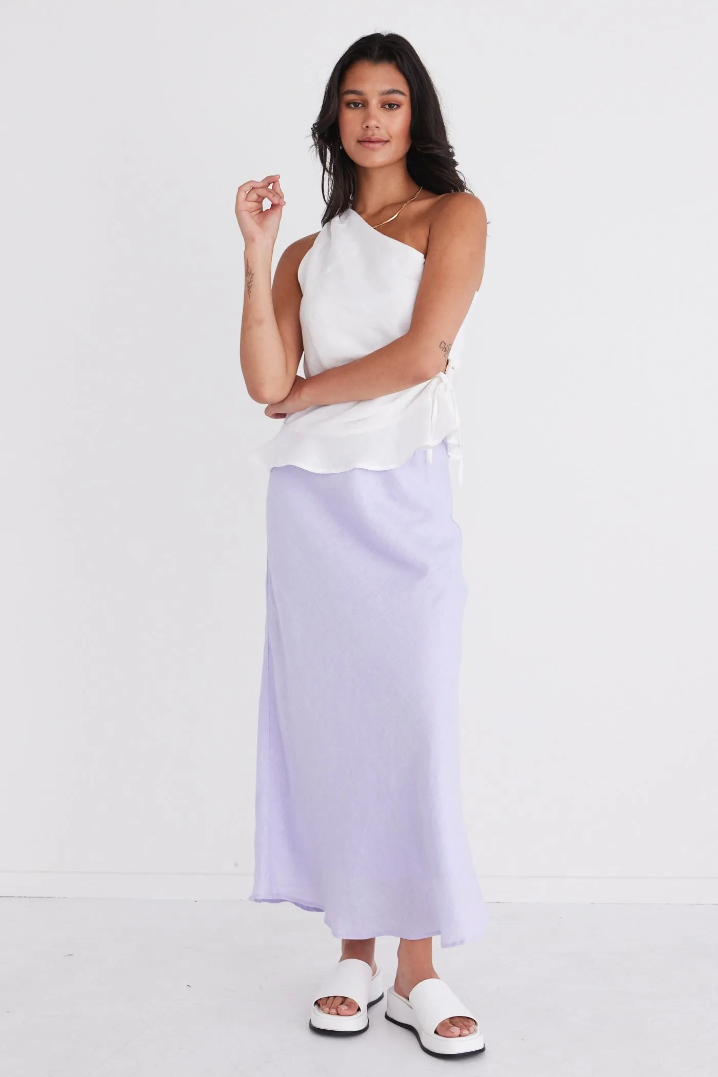Soulmate Lilac Linen Bias Midi Skirt