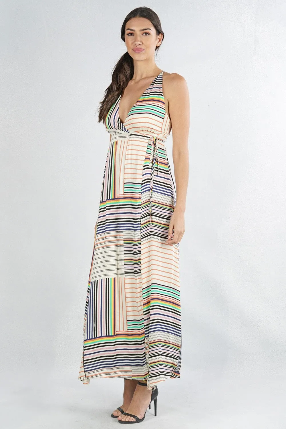 Striped Sleeveless Criss Cross Maxi Summer Dress