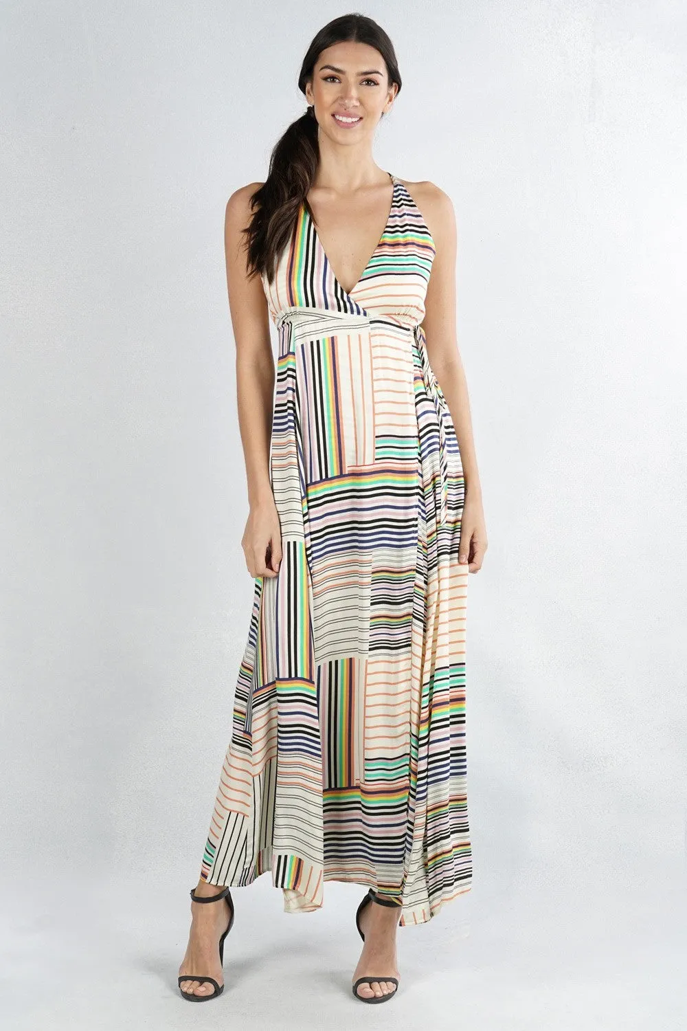 Striped Sleeveless Criss Cross Maxi Summer Dress