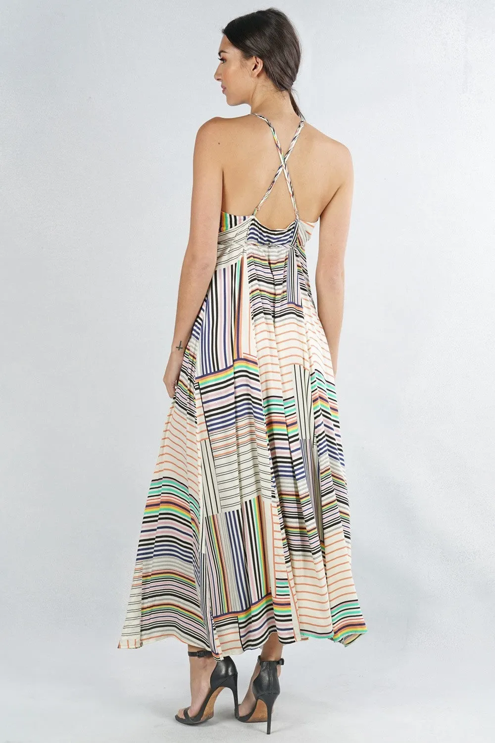 Striped Sleeveless Criss Cross Maxi Summer Dress