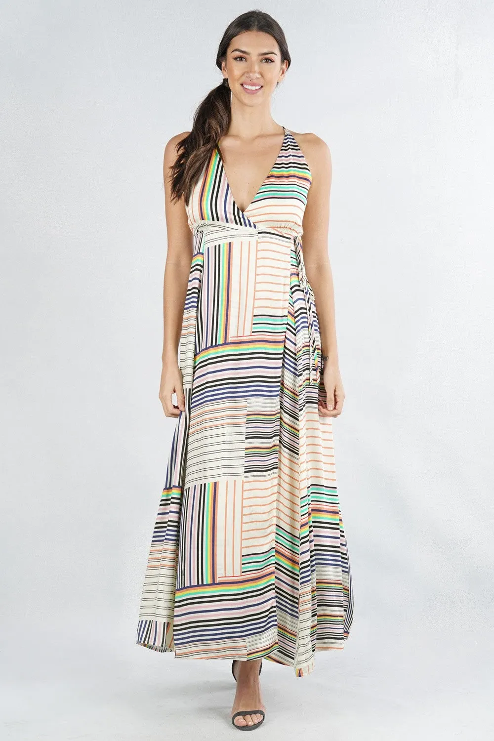 Striped Sleeveless Criss Cross Maxi Summer Dress