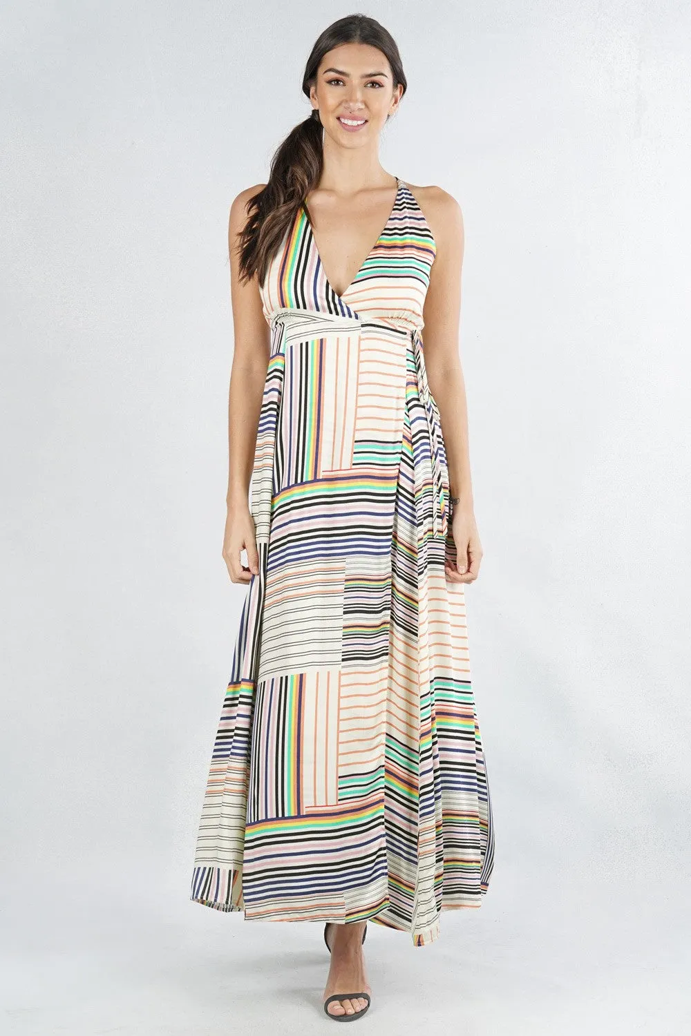 Striped Sleeveless Criss Cross Maxi Summer Dress