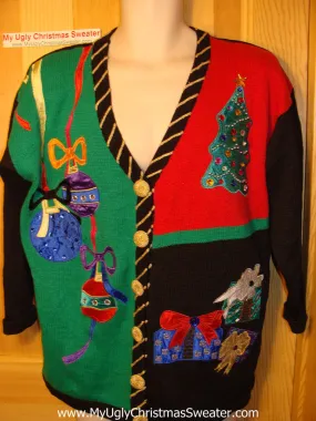 Tacky Ugly Christmas Sweater 80s Gem with Padded Shoulders and Over-The-Top Decorations  (f120)