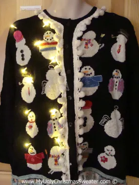 Tacky Ugly Christmas Sweater Snowmen Coming and Going with Lights and Pom Pom Trim  (g116)