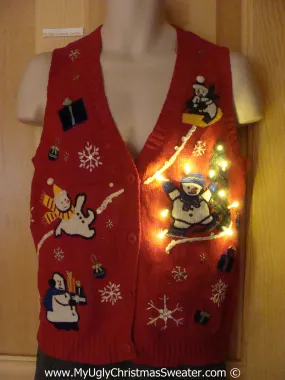 Tacky Xmas Sweater Vest Skating Snowmen with Lights (g119)