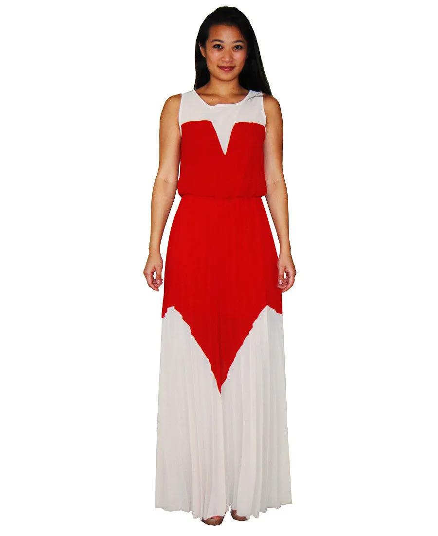 Two Tone Chevron Sleeveless Ruffle Maxi Dress Mocha Red