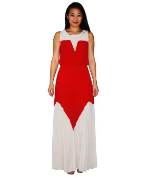 Two Tone Chevron Sleeveless Ruffle Maxi Dress Mocha Red