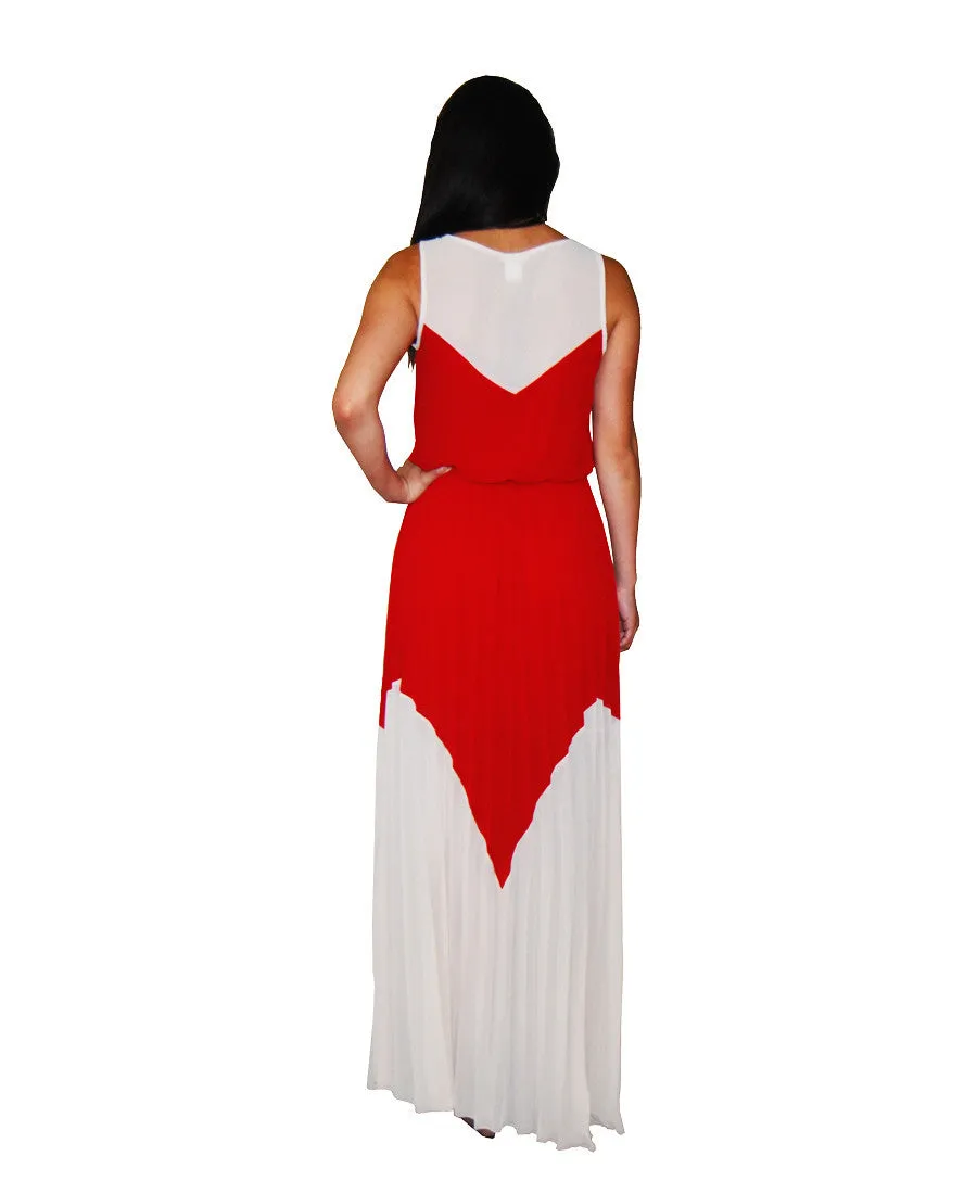 Two Tone Chevron Sleeveless Ruffle Maxi Dress Mocha Red