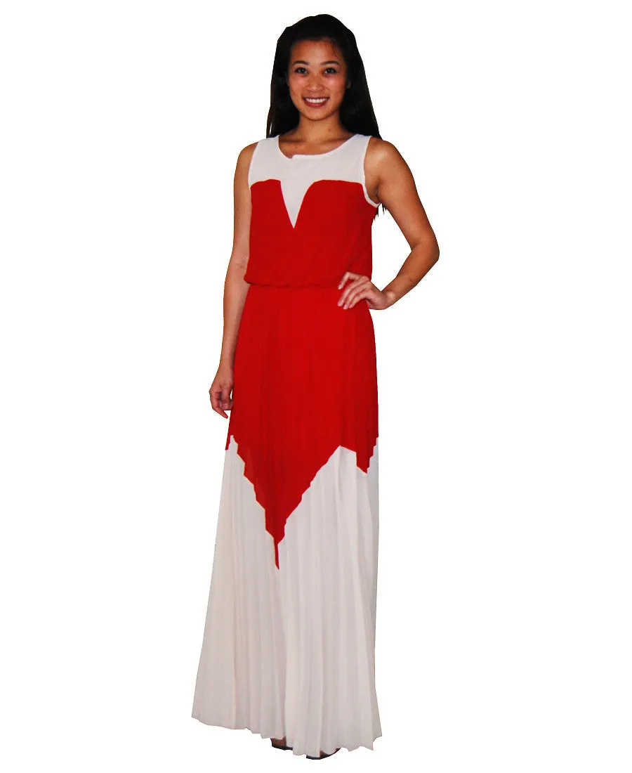 Two Tone Chevron Sleeveless Ruffle Maxi Dress Mocha Red