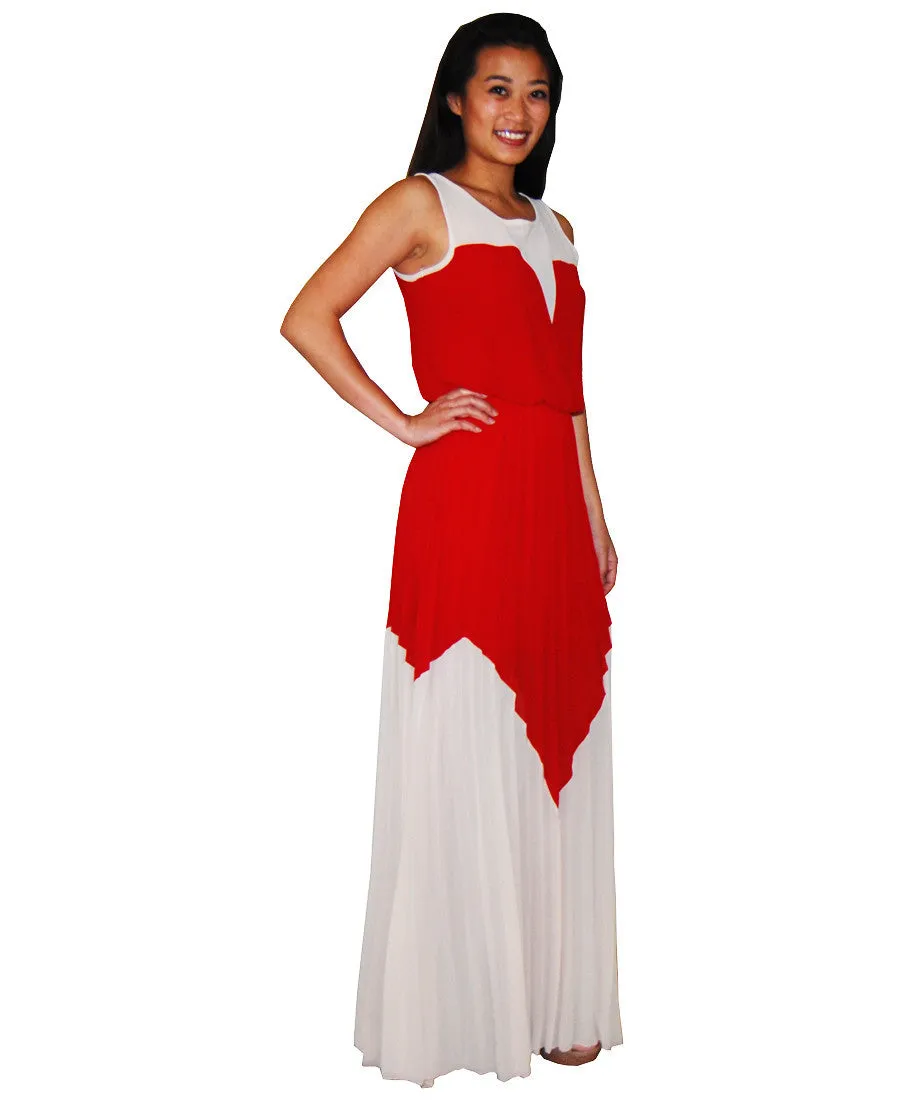 Two Tone Chevron Sleeveless Ruffle Maxi Dress Mocha Red