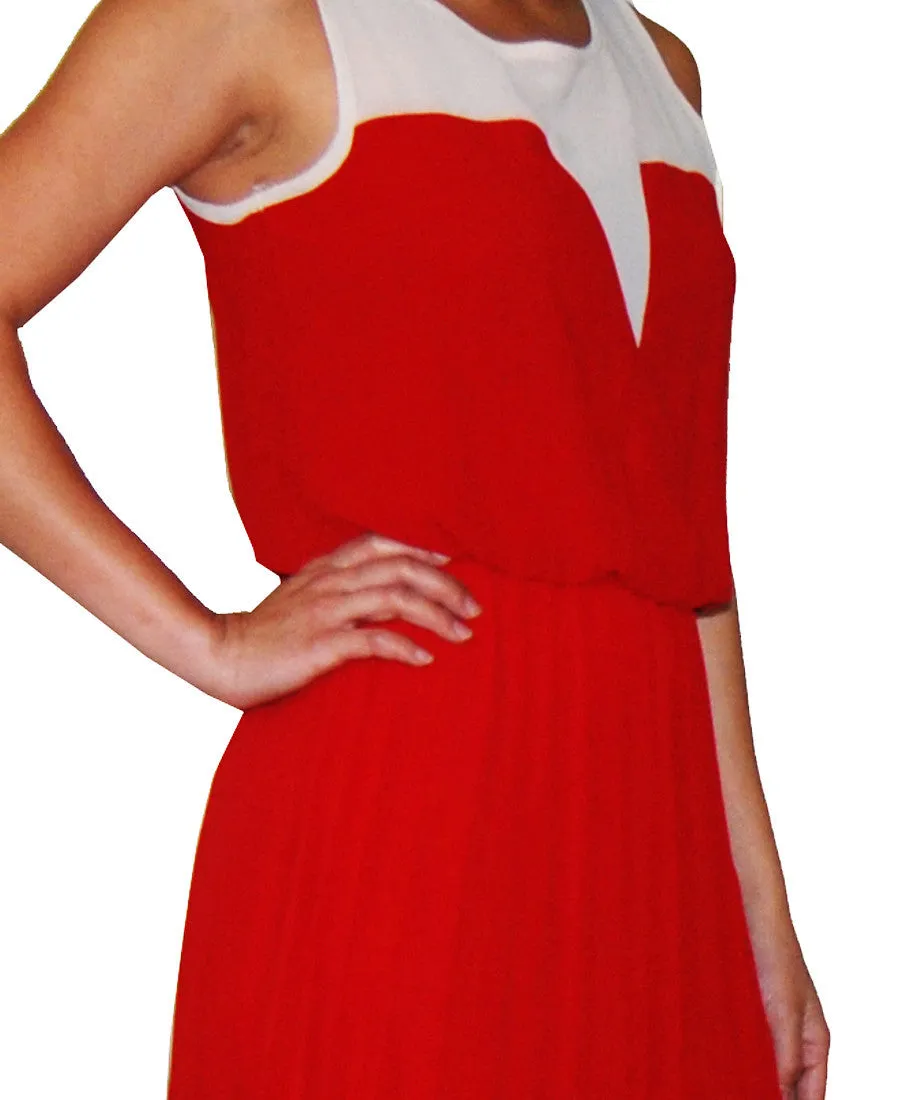 Two Tone Chevron Sleeveless Ruffle Maxi Dress Mocha Red