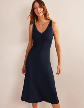 V-Neck Knitted Midi Dress-Navy