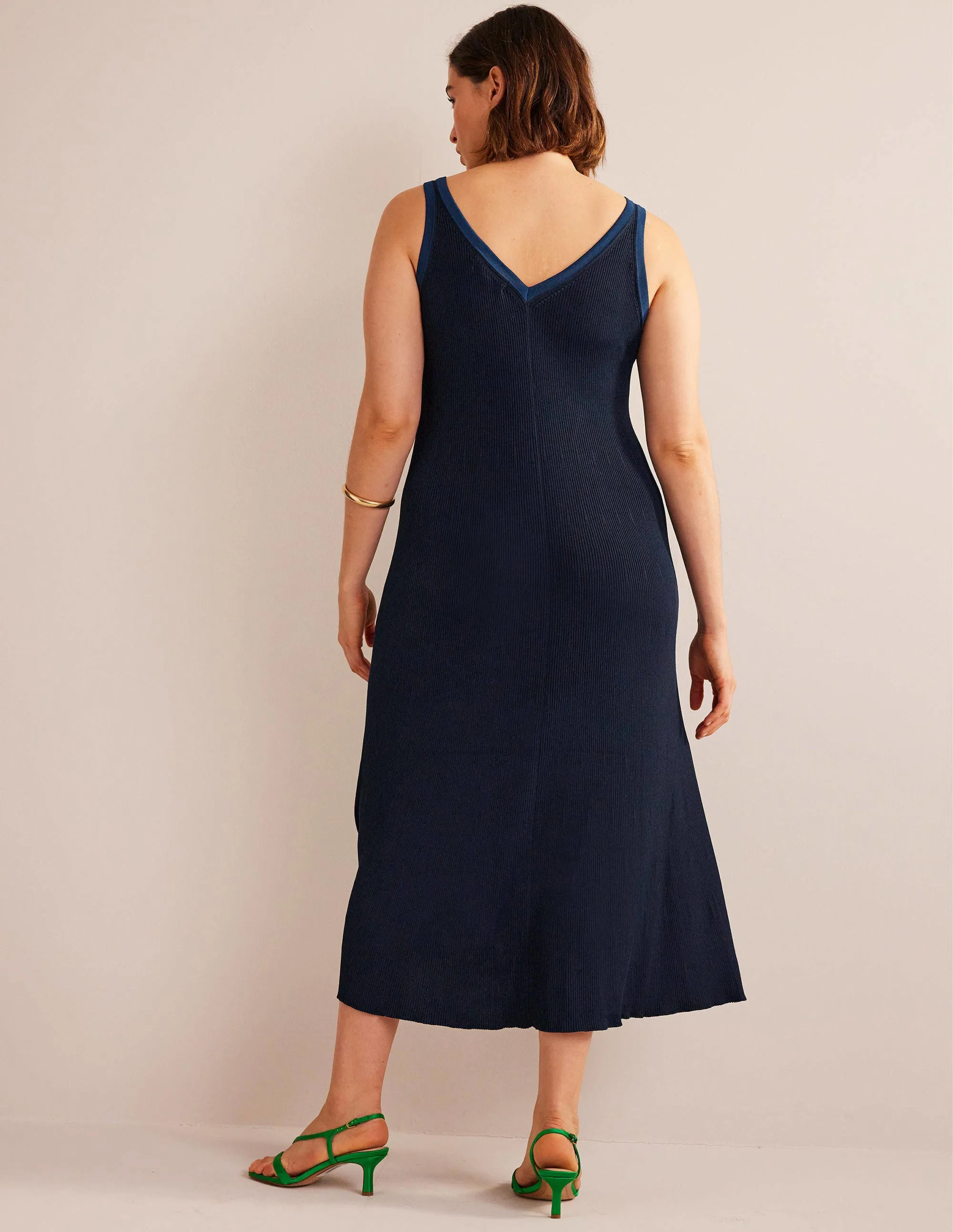 V-Neck Knitted Midi Dress-Navy