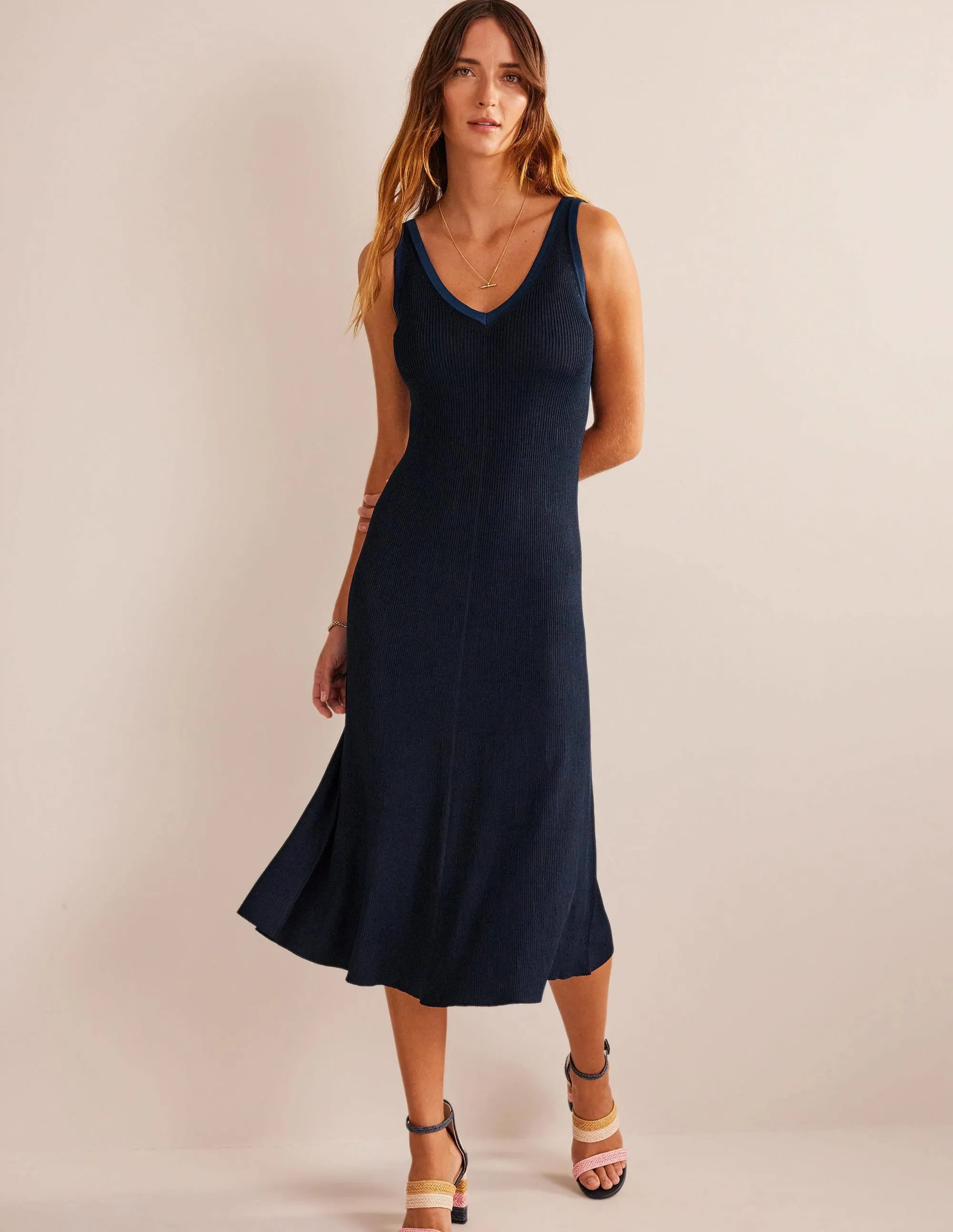 V-Neck Knitted Midi Dress-Navy