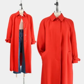 Vintage 80s Red Wool Coat Full Length Long Winter Coat with Tartan Plaid Liner size L