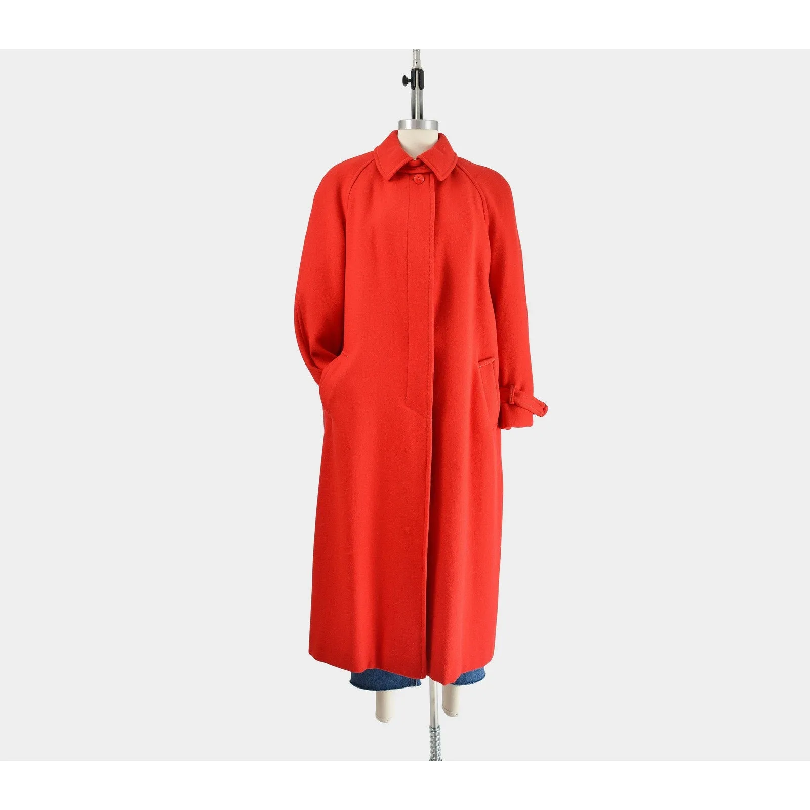 Vintage 80s Red Wool Coat Full Length Long Winter Coat with Tartan Plaid Liner size L