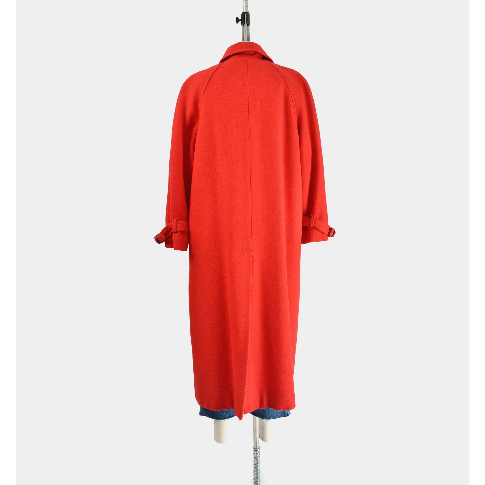 Vintage 80s Red Wool Coat Full Length Long Winter Coat with Tartan Plaid Liner size L