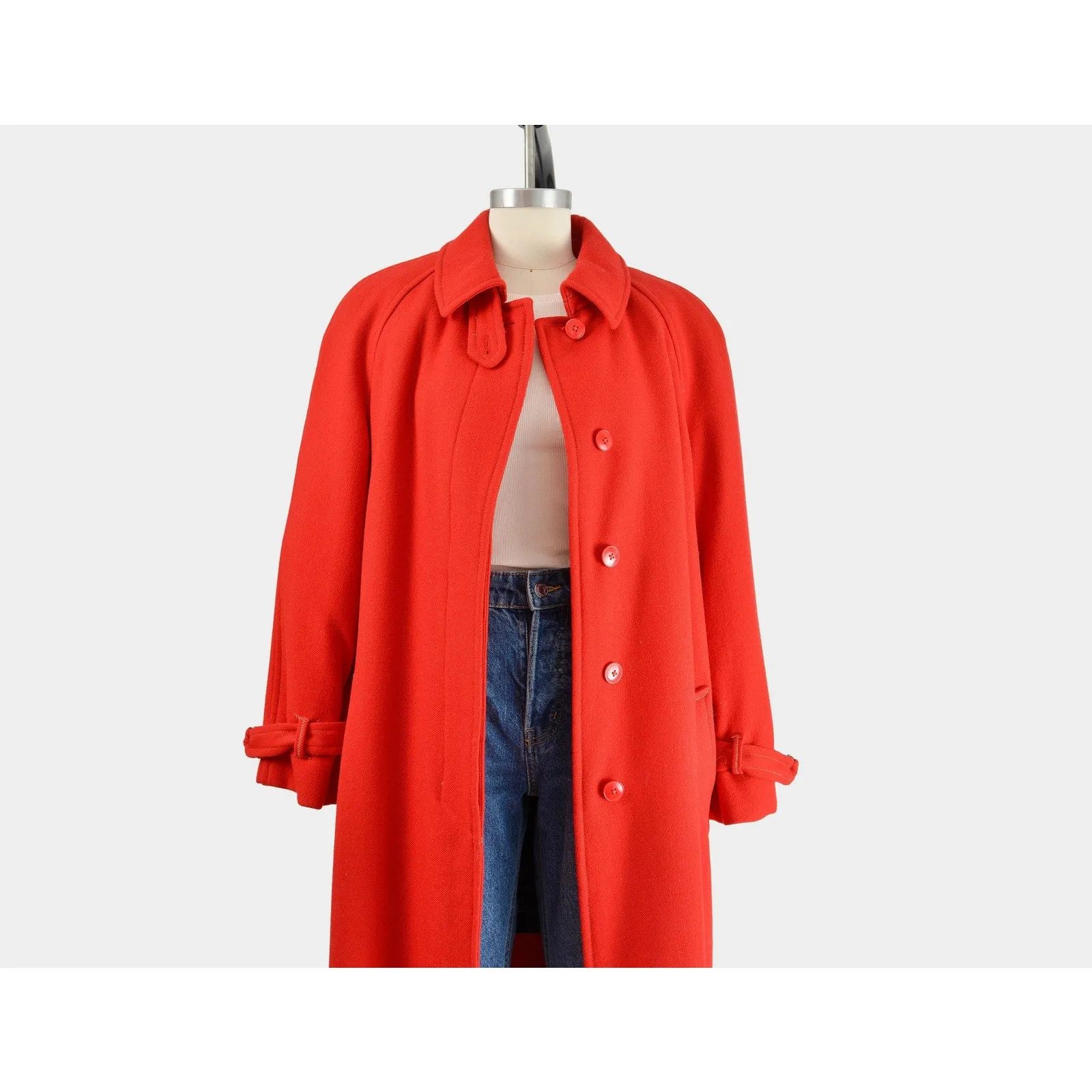 Vintage 80s Red Wool Coat Full Length Long Winter Coat with Tartan Plaid Liner size L