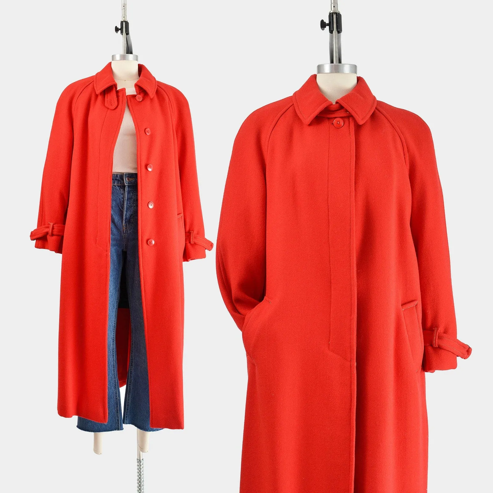 Vintage 80s Red Wool Coat Full Length Long Winter Coat with Tartan Plaid Liner size L