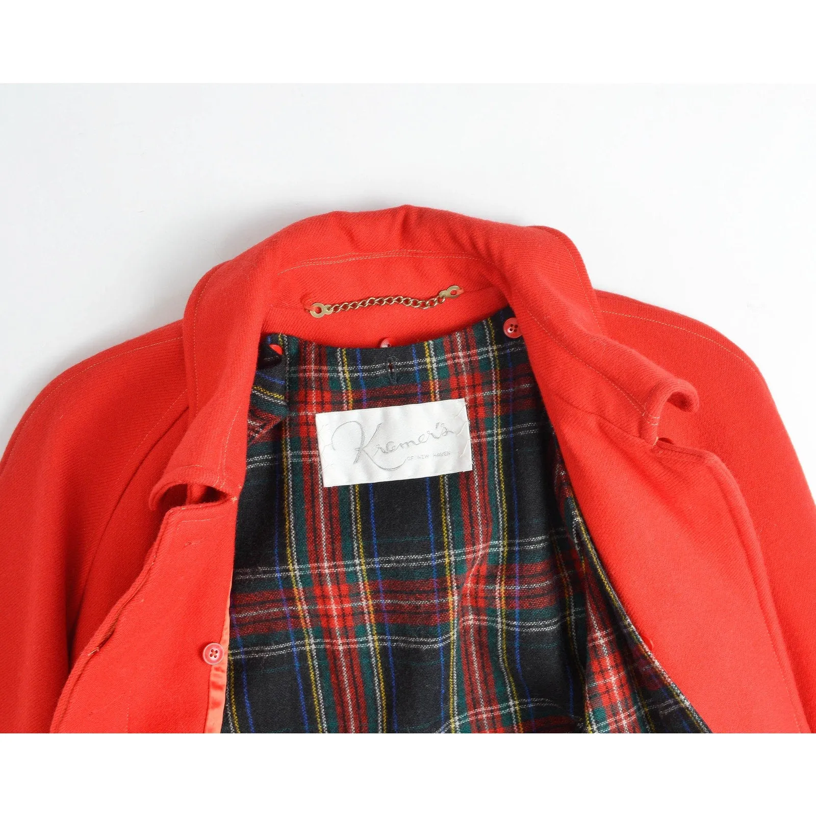 Vintage 80s Red Wool Coat Full Length Long Winter Coat with Tartan Plaid Liner size L