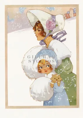 Vintage mother and daughter wearing winter coats in snow
