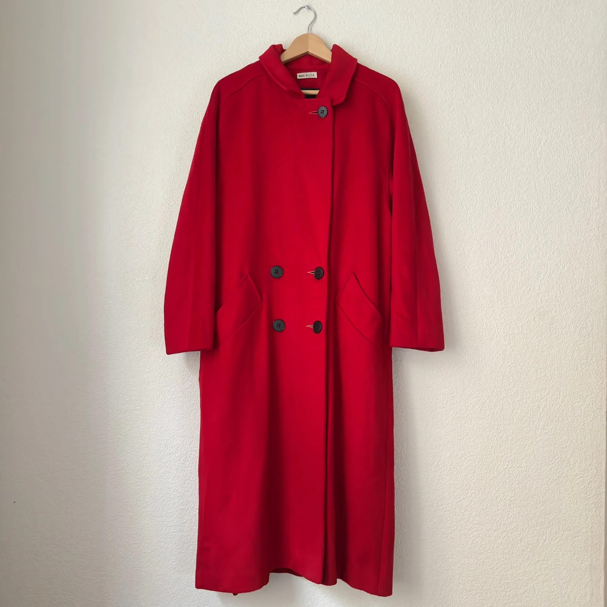 Vintage Red Wool Coat Pleated Detail- size M