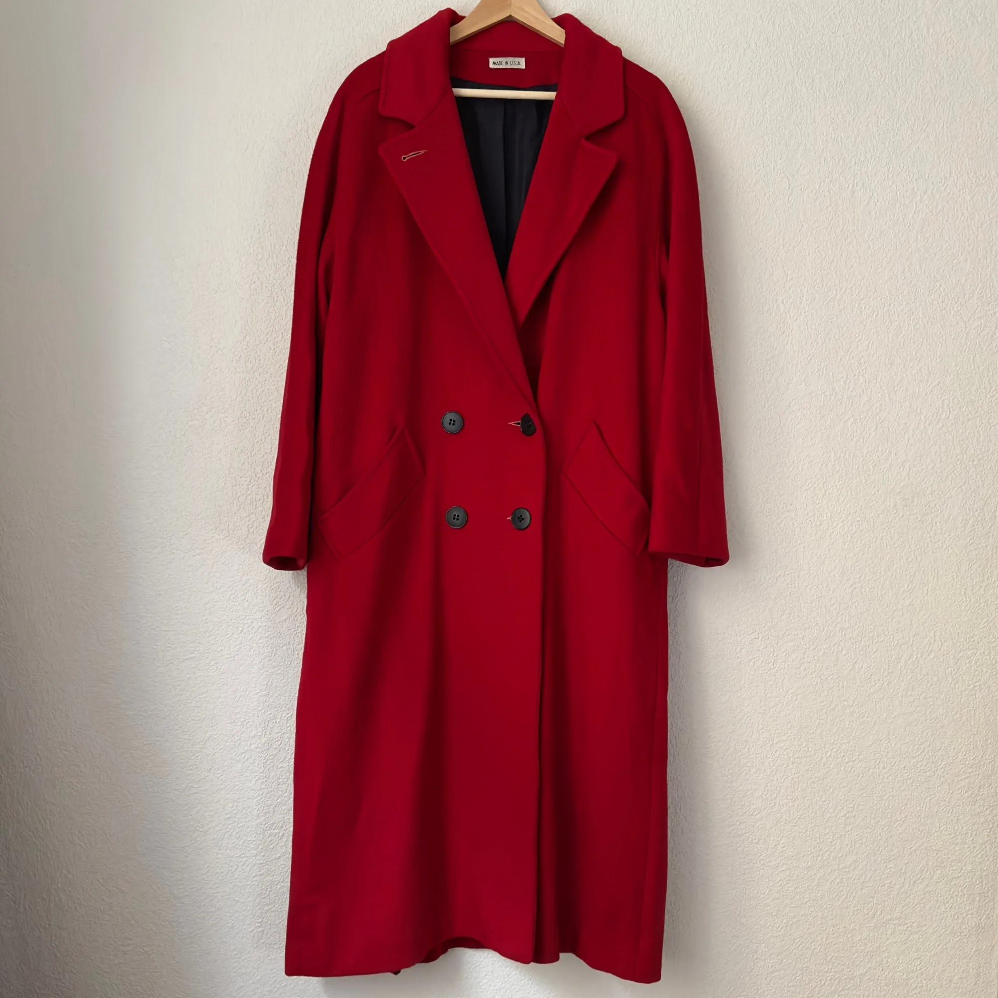 Vintage Red Wool Coat Pleated Detail- size M