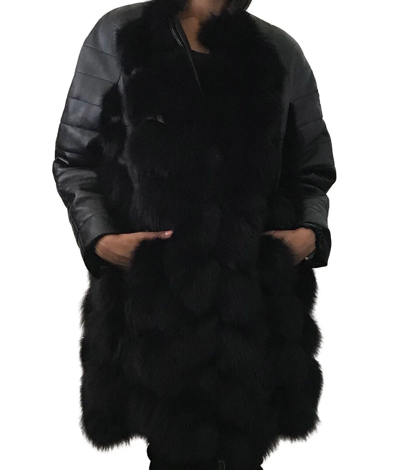 Women Navy jacket сoat arctic fox fur and leather