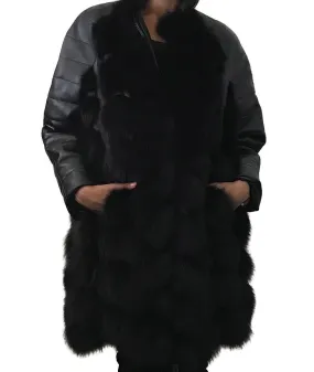 Women Navy jacket сoat arctic fox fur and leather
