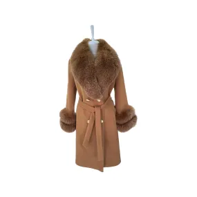 Women's BROWN Wool Coat with detachable Fox Collar and Cuffs  Trimmed Hood Style # K-10